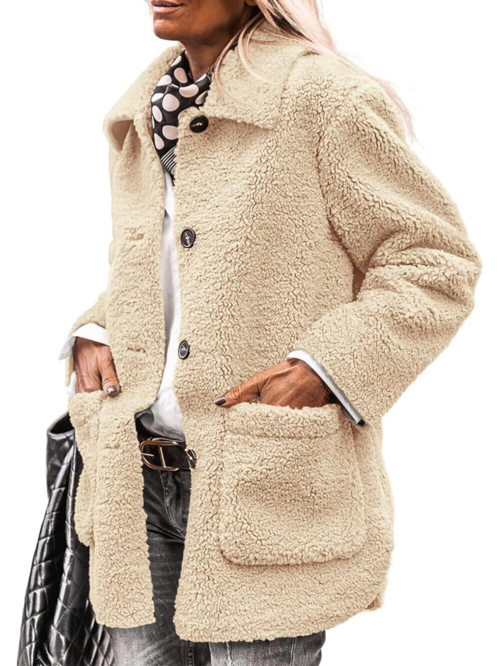 Women's Beige Fleece Sherpa Coats Winter Outfit Warm Faux Fur Trendy Fall Jacket